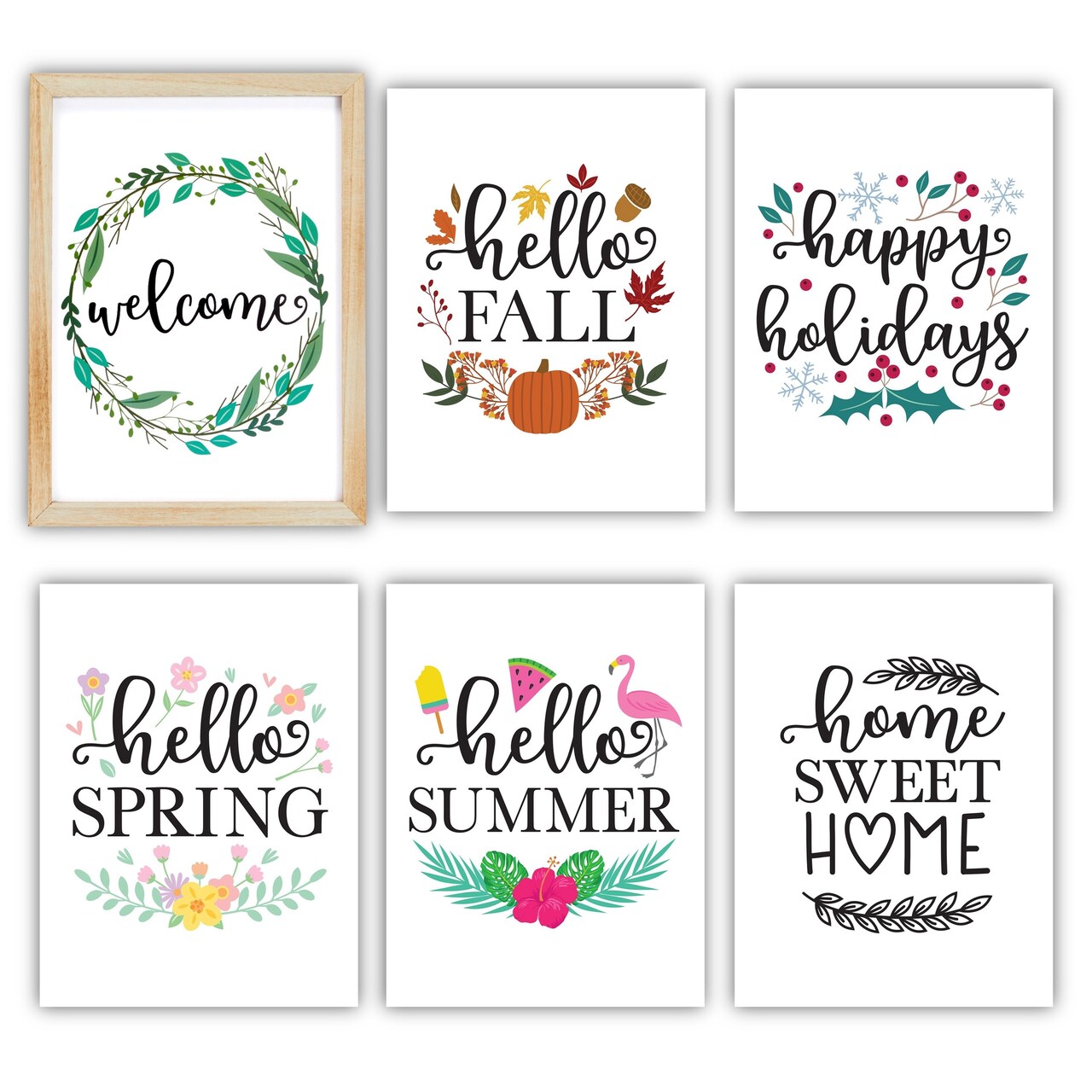 Home Sign with Interchangeable Holiday Art, Farmhouse Wall Décor (12x16 In, 7 Pieces)